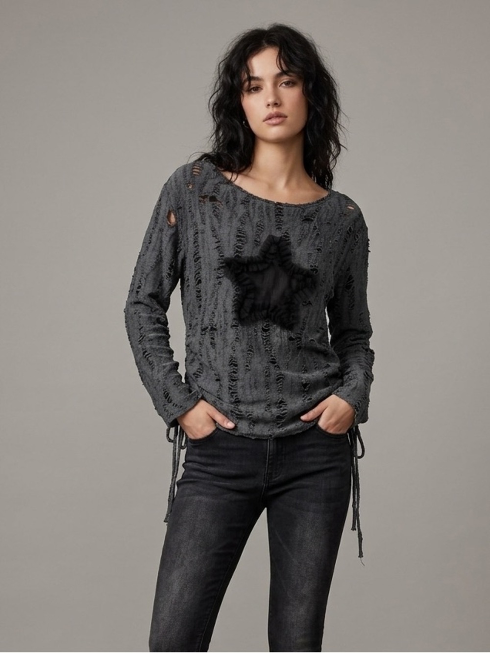 Distressed Alternative Punk Goth Long Sleeve Top Grey & Black‎ Shirt Size Large